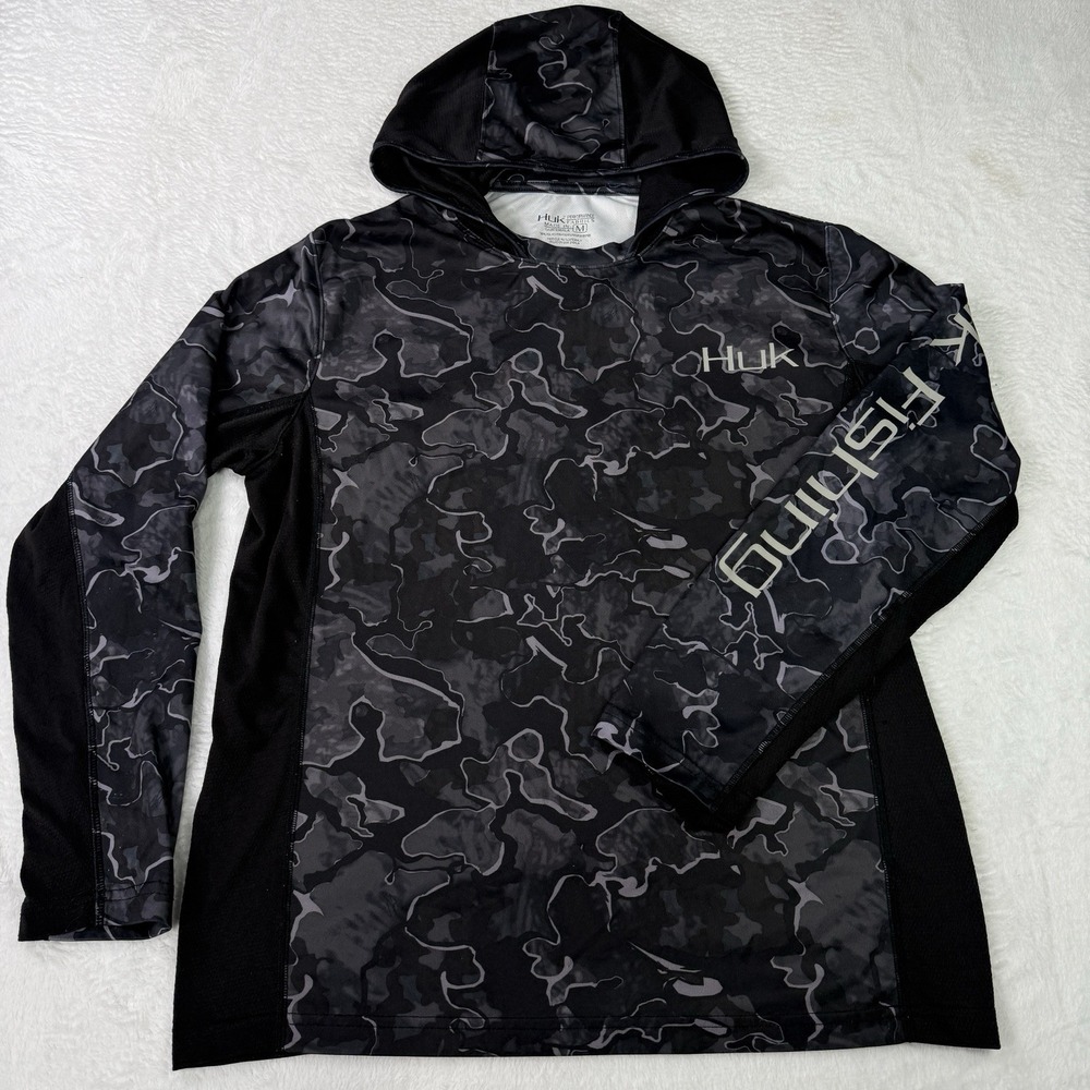 HUK Fishing Hoodie Men's Shirt XL Active Performance Shirt Camo Print Black Gray